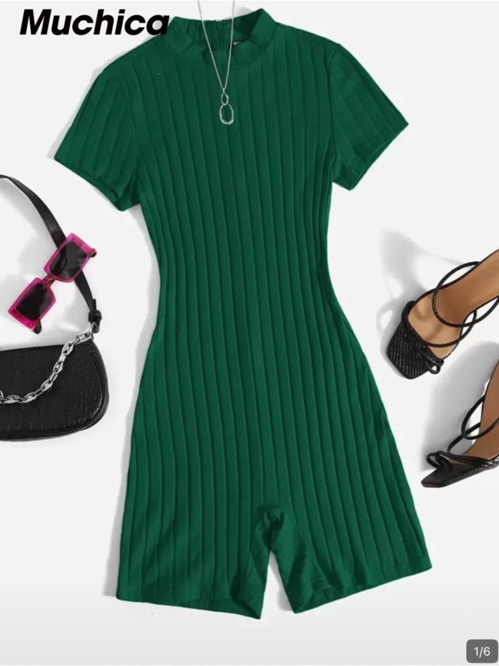 Green Rib-Knit Mock Neck Short Romper